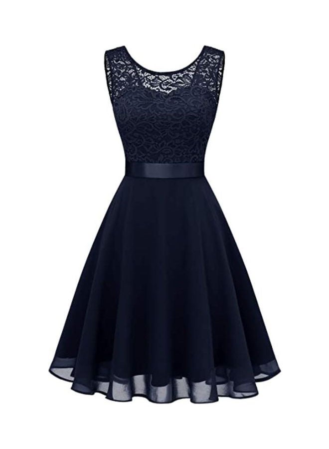 Floral Lace A-Line Dress Dark Blue - Image 1
