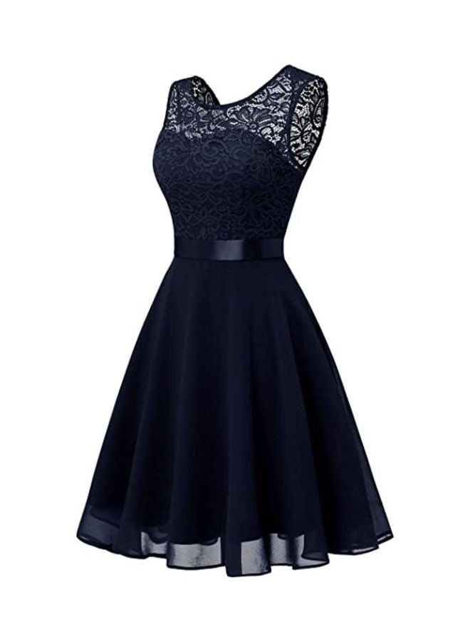Floral Lace A-Line Dress Dark Blue - Image 2