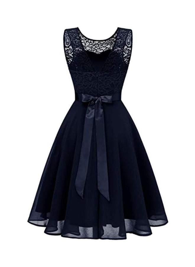 Floral Lace A-Line Dress Dark Blue - Image 3