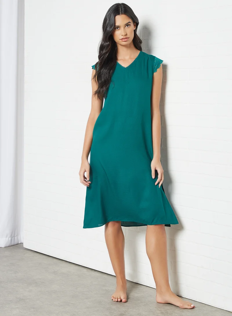 zivame Lace Sleeve Night Dress Green