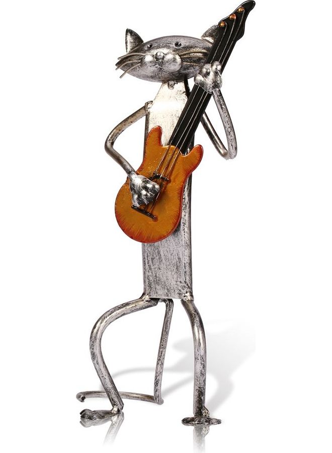 TOOARTS Guitar Playing Cat Sculpture Silver/Brown 