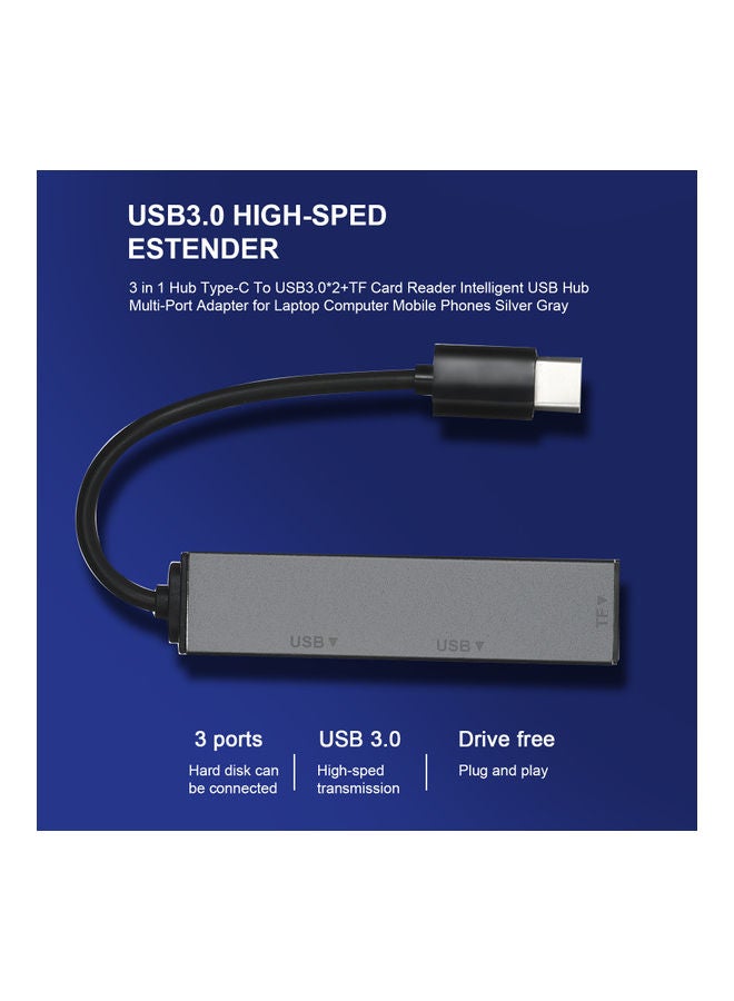 موزع 3 في 1 من Type-C إلى USB3.0 مع قارئ بطاقة TF فضي - Image 2