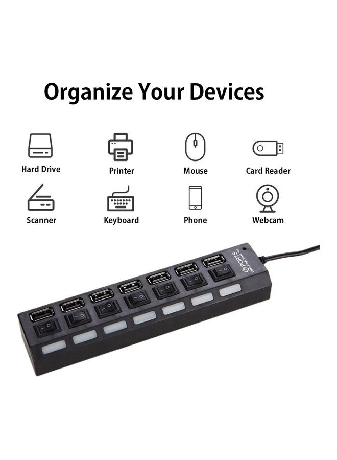 7 Ports USB Hub Splitter With On/Off Switches Long Cord Black  - Image 5