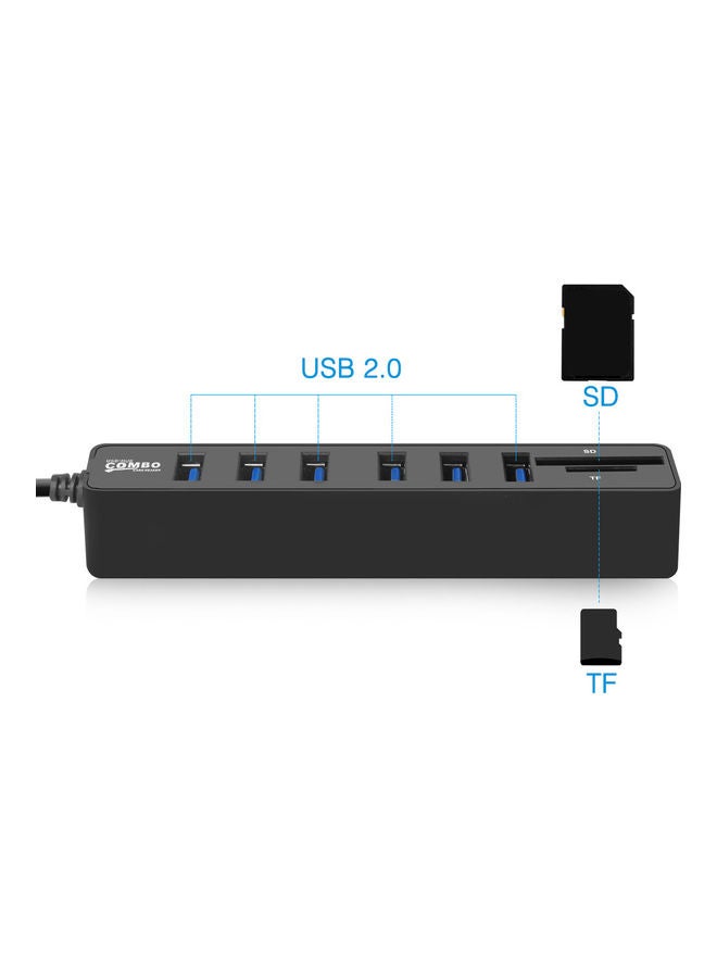 موزّع USB 2.0 مع قارئ بطاقات SD/TF أسود - Image 4