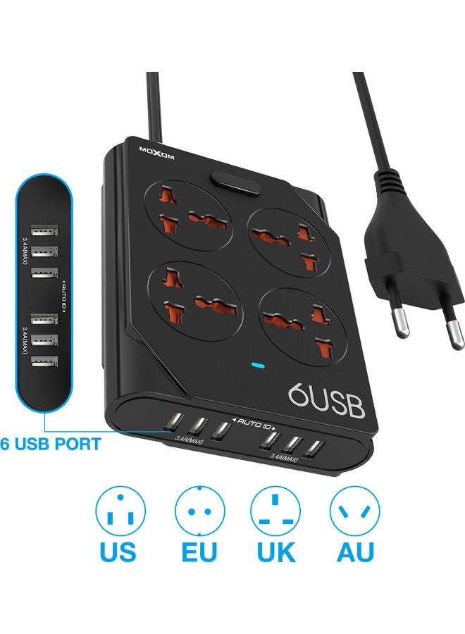 MOXOM 6 USB 4 Sockets Extension Cord with Electrical Socket Black 21 X 13 X 6cm - Image 2
