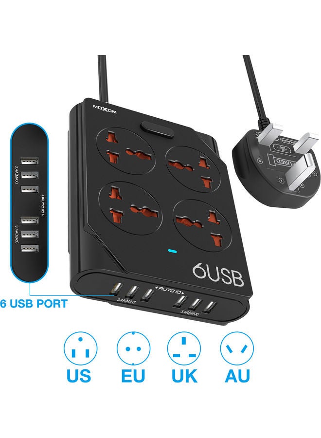 MOXOM 6 USB 4 Sockets Extension Cord with Electrical Socket Black 21 X 13 X 6cm - Image 3