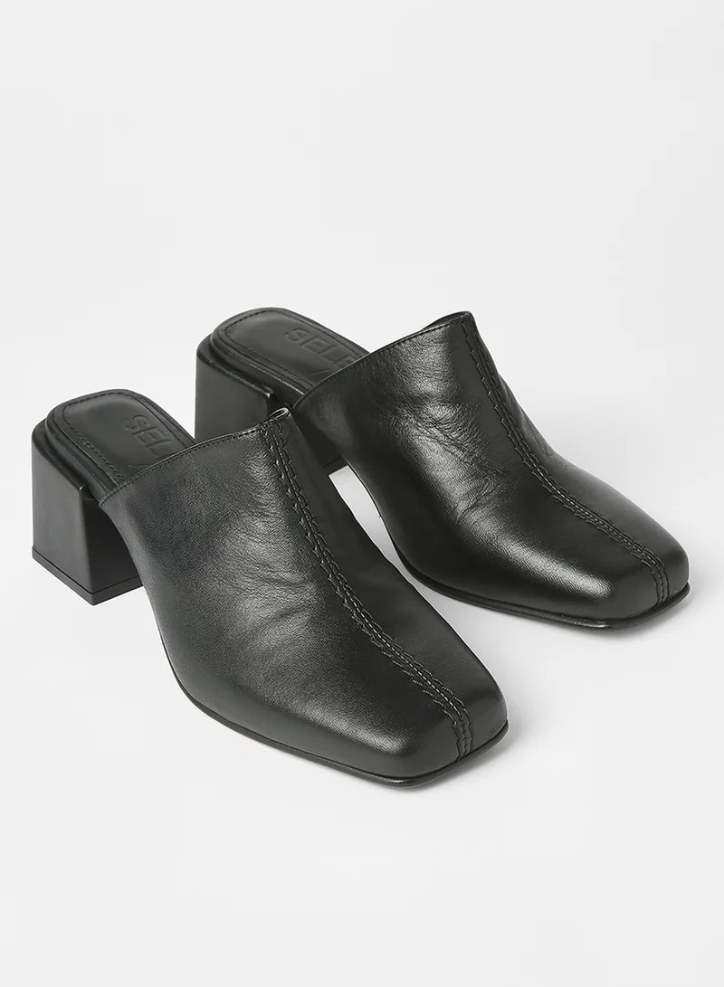 SELECTED FEMME Block Heel Leather Mules Black