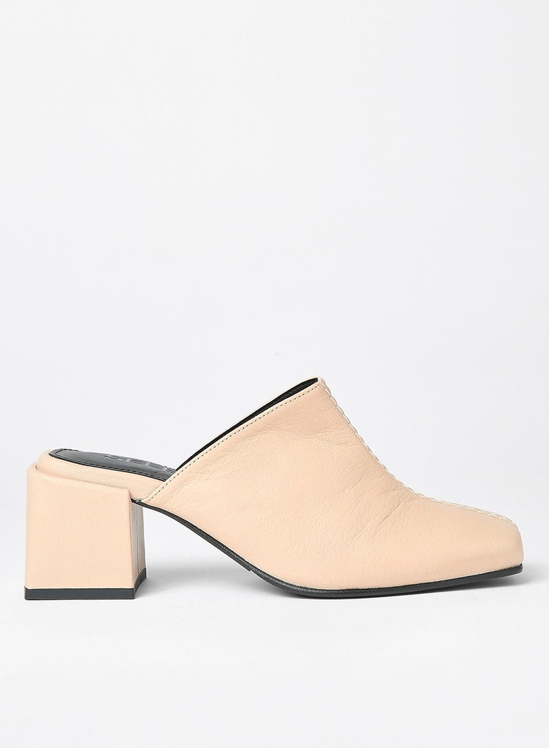 SELECTED FEMME - Block Heel Leather Mules Nude - Image 1