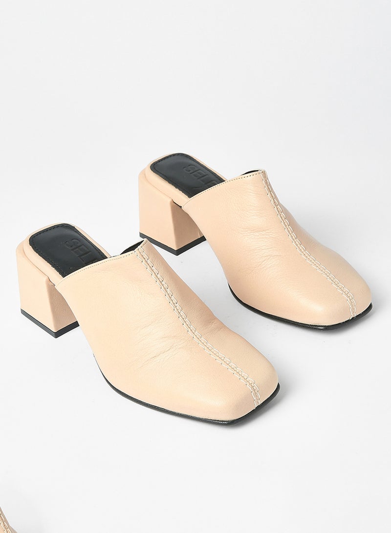 SELECTED FEMME - Block Heel Leather Mules Nude - Image 1