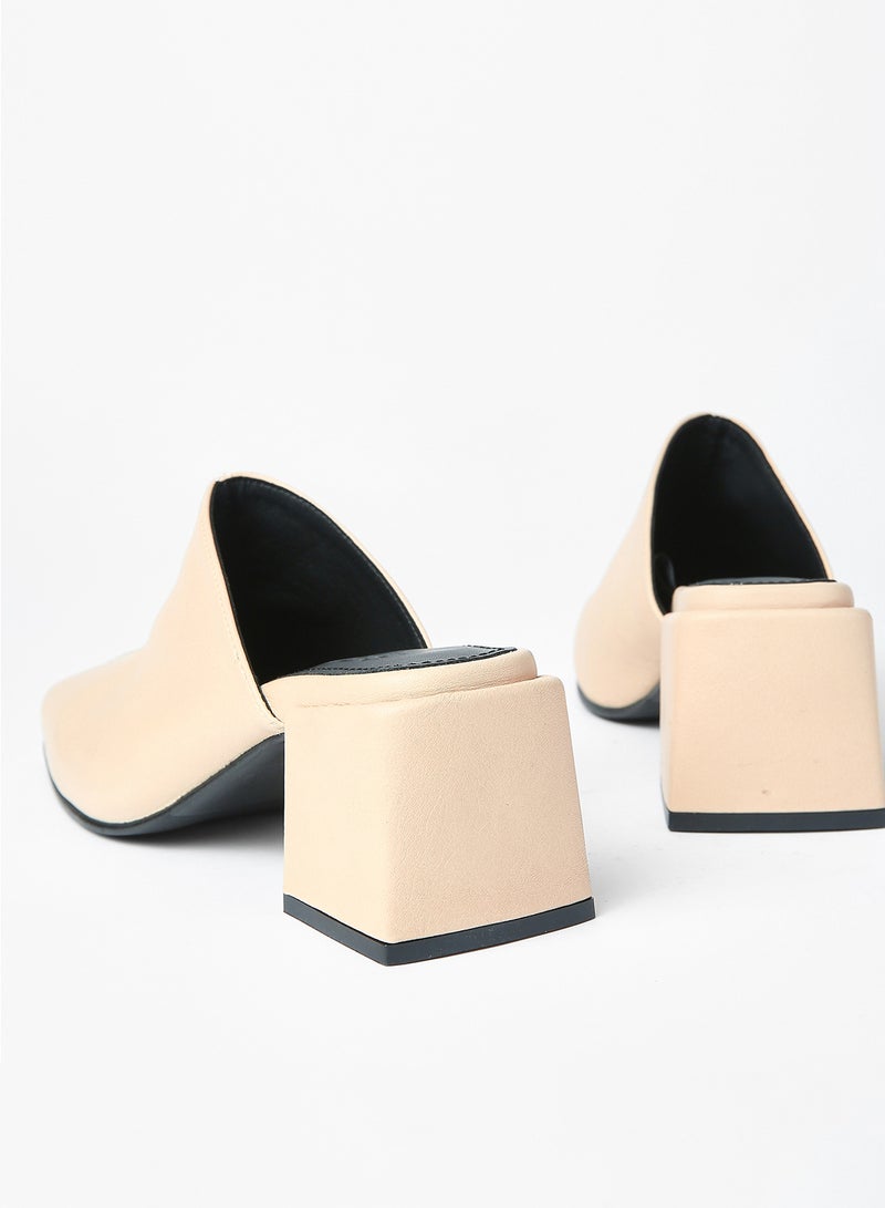SELECTED FEMME - Block Heel Leather Mules Nude - Image 1