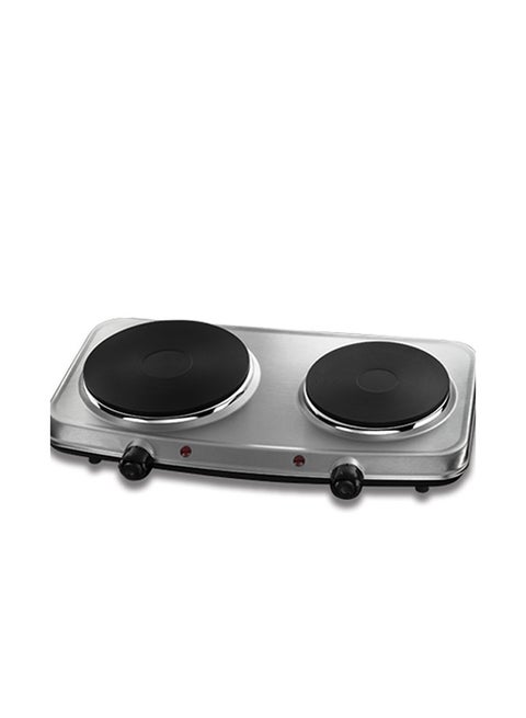 Stainless Steel 2-Plate Electric Mini Hob, 1900 - 2250W Large & 750W Small Hot Plate, Variable Rotary Heat Controls, Neon Power Indicators, Non-Slip Feet 2250 W 15199 Silver