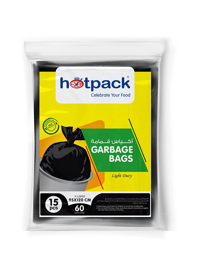 Hotpack - 15-Piece Garbage Bags 60 Gallon Black 95x120cm - Image 1