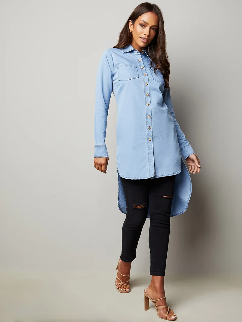Miss Chase Dip Hem Longline Denim Shirt Blue