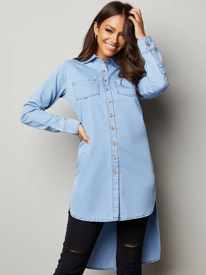 Miss Chase Dip Hem Longline Denim Shirt Blue