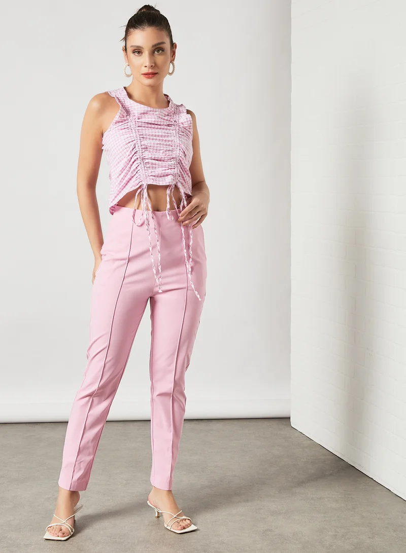 PIECES Ruched Check Top White/Pink