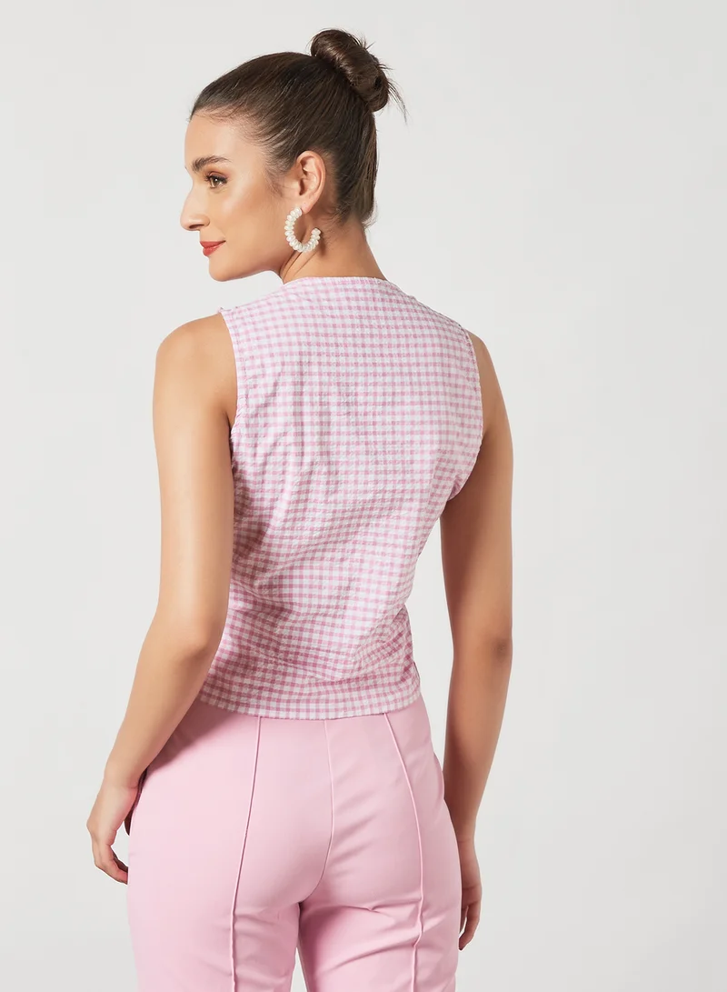 PIECES Ruched Check Top