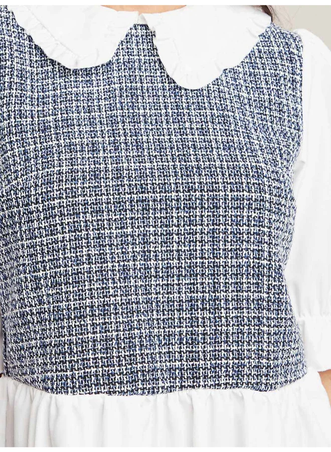 Closet By Styli Boucle Front Collared Neck Top Blue/White
