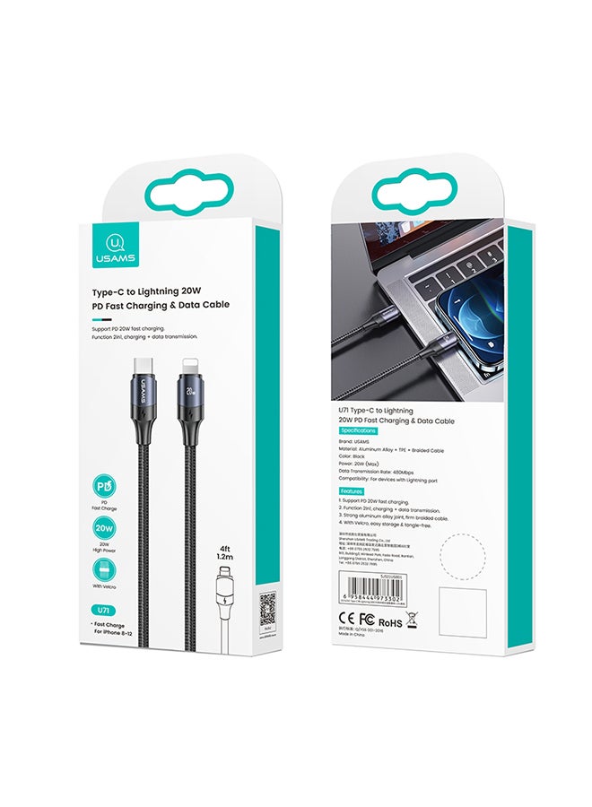Usams - High Speed 20W USB Type-C To Lightning PD Fast Charging Cable 1.2M Black - Image 1