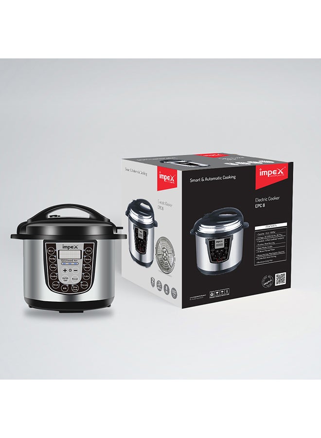 Impex Pressure Cooker Electric 8 Ltr| 14 Automatic Cooking Functions| Stainless Steel Housing| Double Non Stick Coated Aluminum Inner Pot |24-Hour Pre Set Timer| Includes Measuring Cup, Meal Spoon, Steamer 8 L 1300 W EPC 8 Silver/Black  - Image 5
