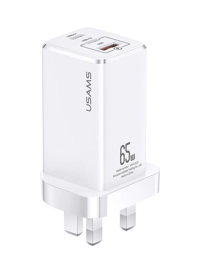 Usams 2 Type-C And 1 USB Ports Mini Fast Charger White  - Image 1