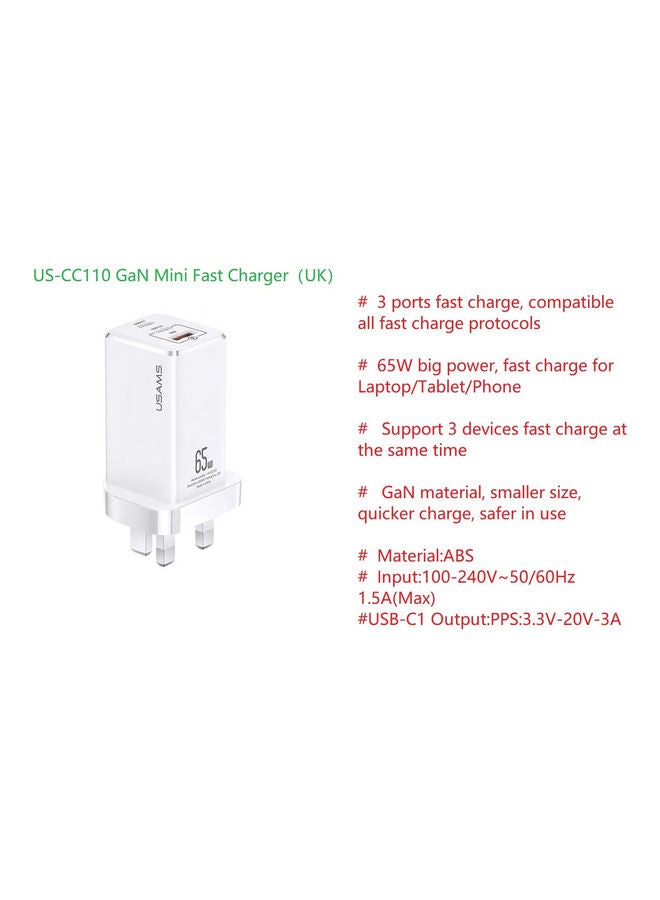 Usams 2 Type-C And 1 USB Ports Mini Fast Charger White  - Image 2