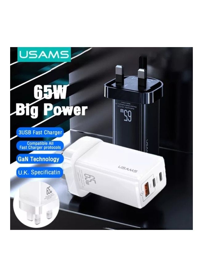 Usams 2 Type-C And 1 USB Ports Mini Fast Charger White  - Image 4