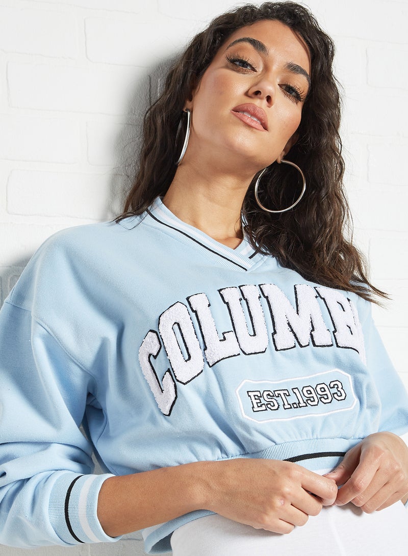Sivvi x GenM Columbia Cropped Varsity Sweatshirt Blue - Image 3
