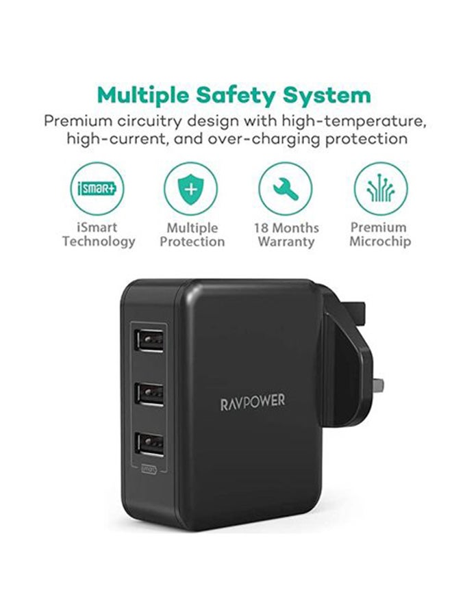 RAVPOWER RP-PC020 30W 3-Port Wall Charger (UK)  Offline black  - Image 2