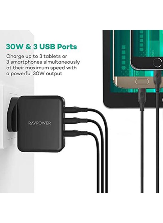 RAVPOWER RP-PC020 30W 3-Port Wall Charger (UK)  Offline black  - Image 3