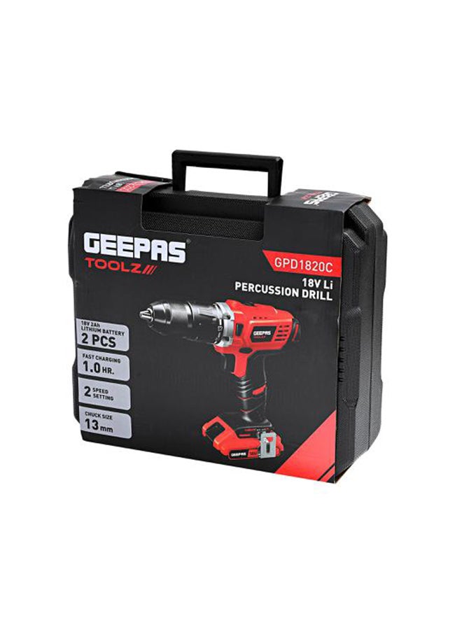 GEEPAS - Percussion Drill GPD1820C Geepas, 58NM Torque Setting, 4000mAh Battery, High And Low Speed Setting, Ergonomic Design, Bright LED Light For Optimum Illumination Of Dark Work Areas Red/Black/Silver - Image 1