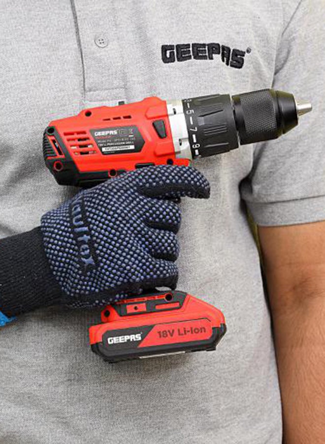 GEEPAS - Percussion Drill GPD1820C Geepas, 58NM Torque Setting, 4000mAh Battery, High And Low Speed Setting, Ergonomic Design, Bright LED Light For Optimum Illumination Of Dark Work Areas Red/Black/Silver - Image 1