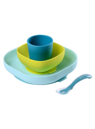 Set of 4 Pieces Silicone Feeding Meal, Plate + Bowl Cup Spoon With Strong Suction Pad Baby And Children - Blue - v1628080937/N21631054A_1