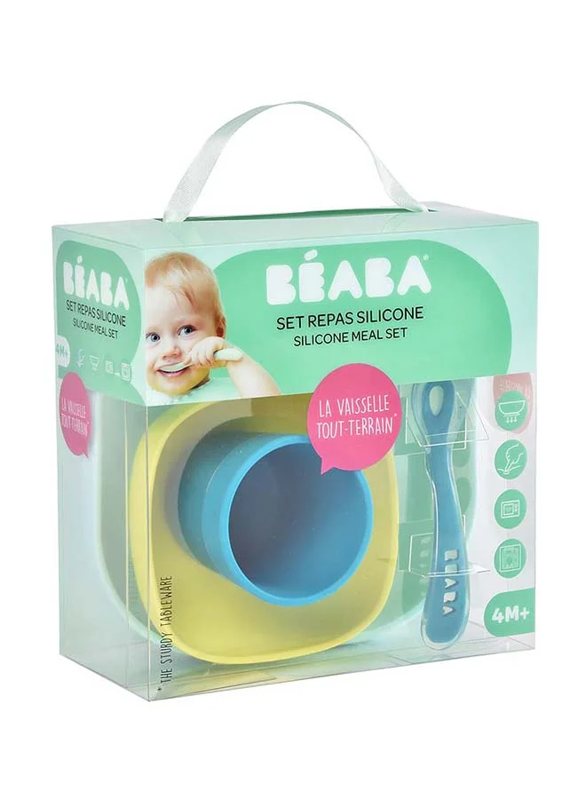 BEABA Set of 4 Pieces Silicone Feeding Meal, Plate + Bowl Cup Spoon With Strong Suction Pad Baby And Children - Blue