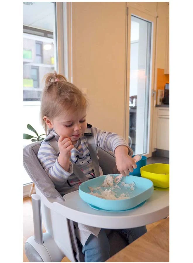 BEABA Set of 4 Pieces Silicone Feeding Meal, Plate + Bowl Cup Spoon With Strong Suction Pad Baby And Children - Blue