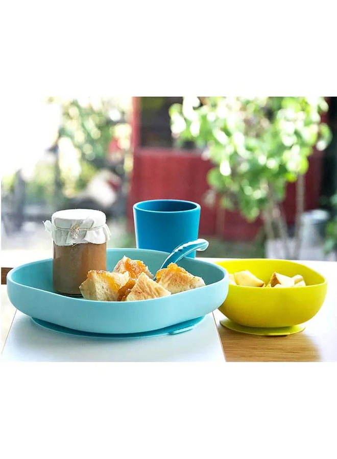 BEABA Set of 4 Pieces Silicone Feeding Meal, Plate + Bowl Cup Spoon With Strong Suction Pad Baby And Children - Blue