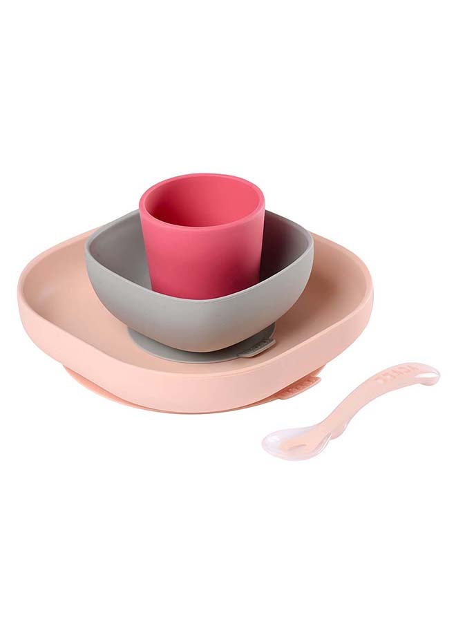 BEABA Set Of 4 Pieces Silicone Feeding Meal Plate + Bowl + Cup + Spoon Silicone With Strong Suction Pad Baby And Children Pink