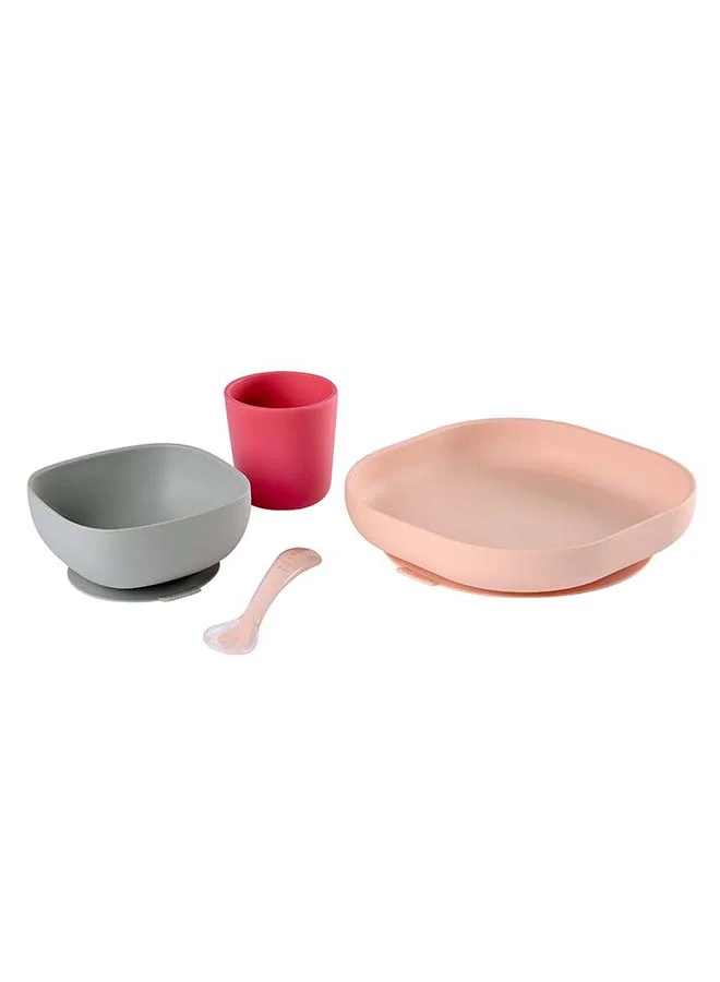 BEABA Set Of 4 Pieces Silicone Feeding Meal Plate + Bowl + Cup + Spoon Silicone With Strong Suction Pad Baby And Children Pink