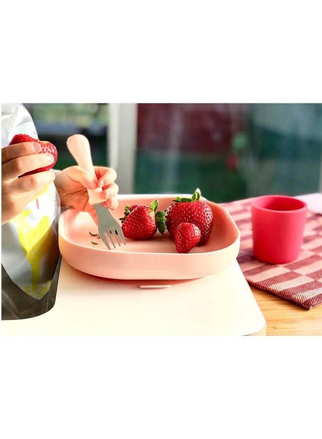 BEABA Set Of 4 Pieces Silicone Feeding Meal Plate + Bowl + Cup + Spoon Silicone With Strong Suction Pad Baby And Children Pink - Image 3