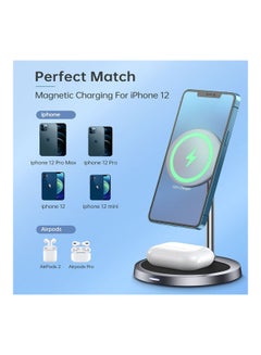 CHOETECH 2-In-1 iPhone Magnetic Wireless Charger Stand for IPhone 13/12 & Apple AirPods Silver  - Image 2
