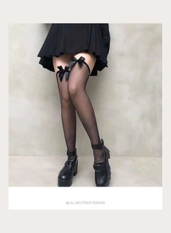 HALAMODO Satin Bow Translucent Thigh High Stockings Black  - Image 1