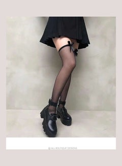HALAMODO Satin Bow Translucent Thigh High Stockings Black  - Image 2
