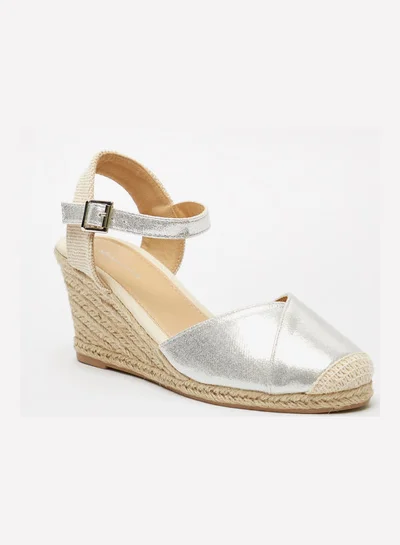 shoexpress Buckle Closure Textured Wedge Sandals Silver