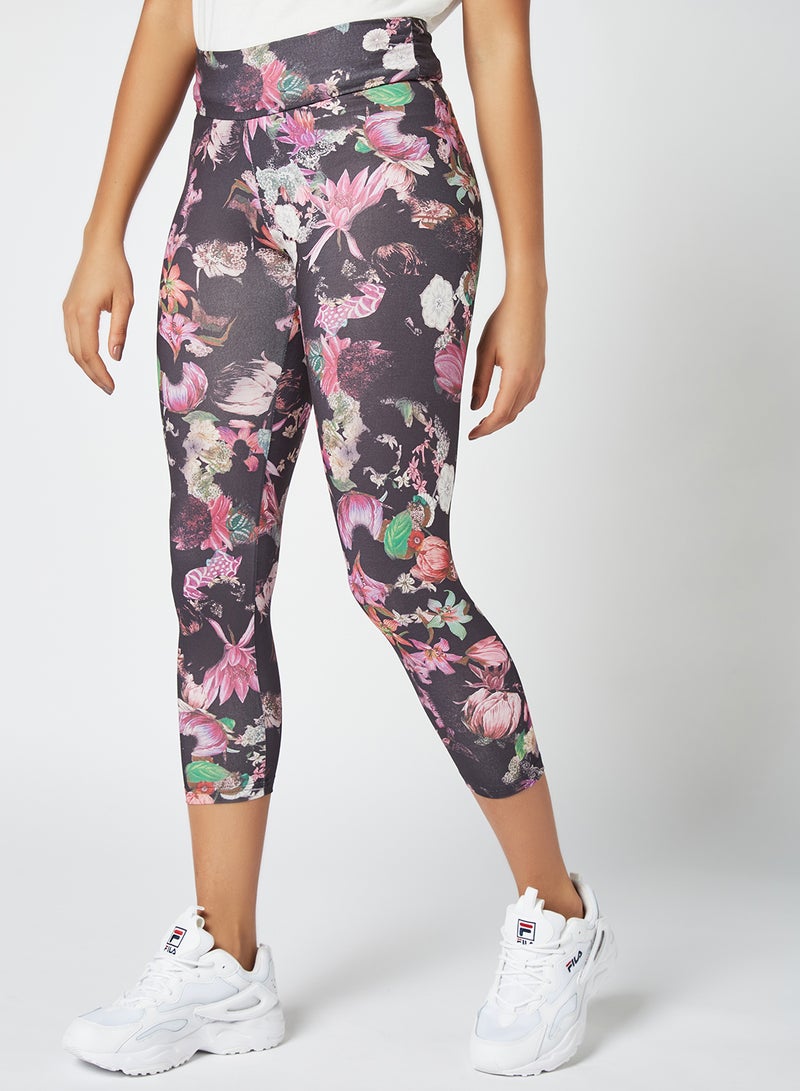 Athletiq - Women's Mid Rise Sports Training Workout Cropped Length Stretch Leggings With Elastic Waist and All Over Print Multicolour - Image 1