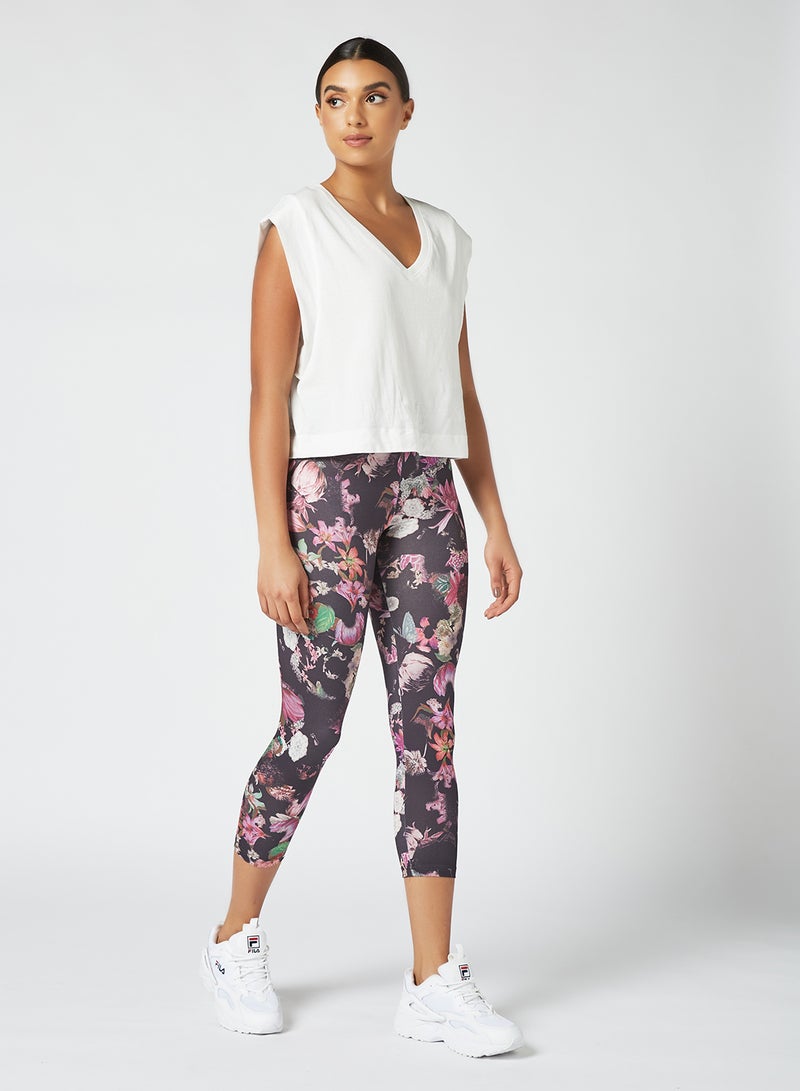 Athletiq - Women's Mid Rise Sports Training Workout Cropped Length Stretch Leggings With Elastic Waist and All Over Print Multicolour - Image 1