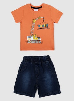 Printed Round Neck Top And Bottom Set Orange/Blue