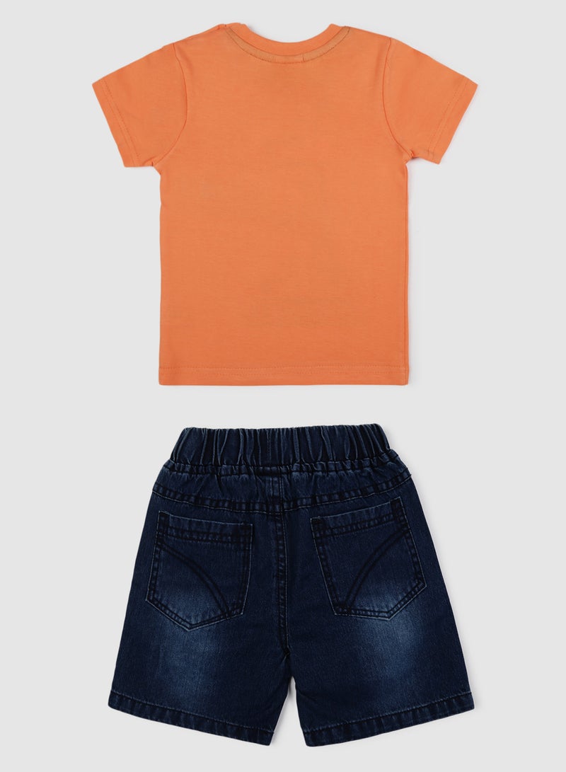 Zarafa - Printed Round Neck Top And Bottom Set Orange/Blue - Image 1