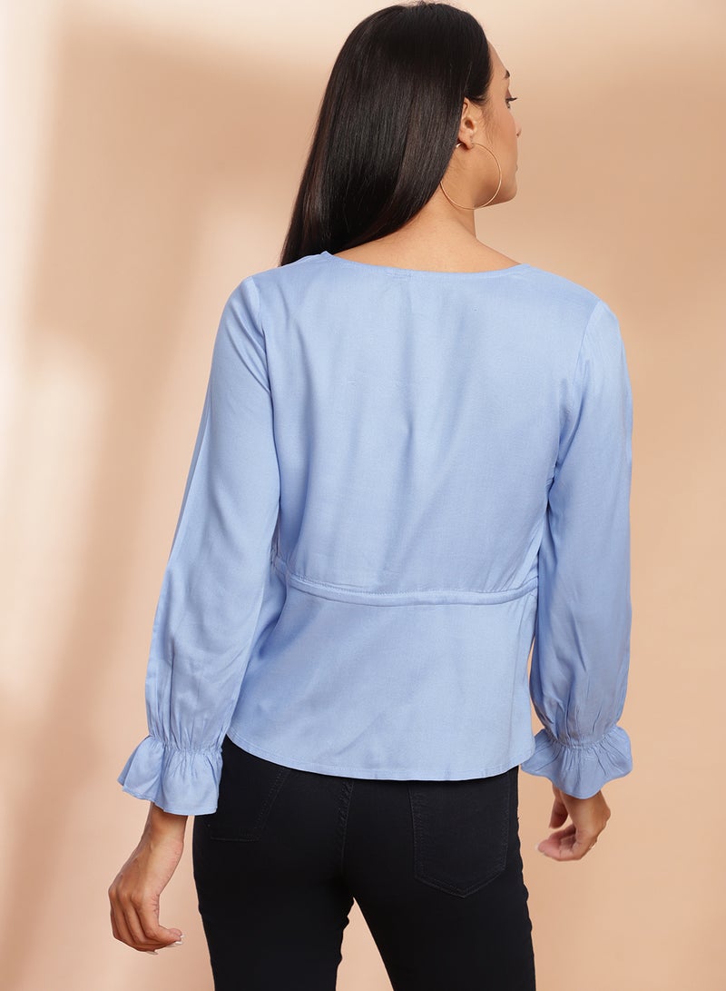 Aila V-Neck Casual Top Sky Blue  - Image 2