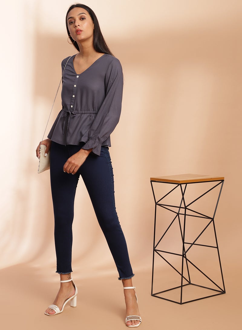Aila V-Neck Casual Top Dark Grey  - Image 3