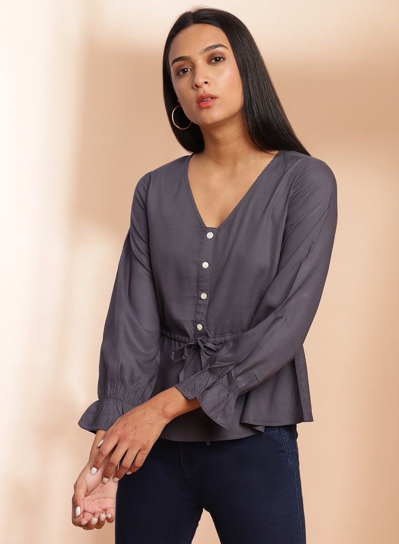 Aila V-Neck Casual Top Dark Grey  - Image 1