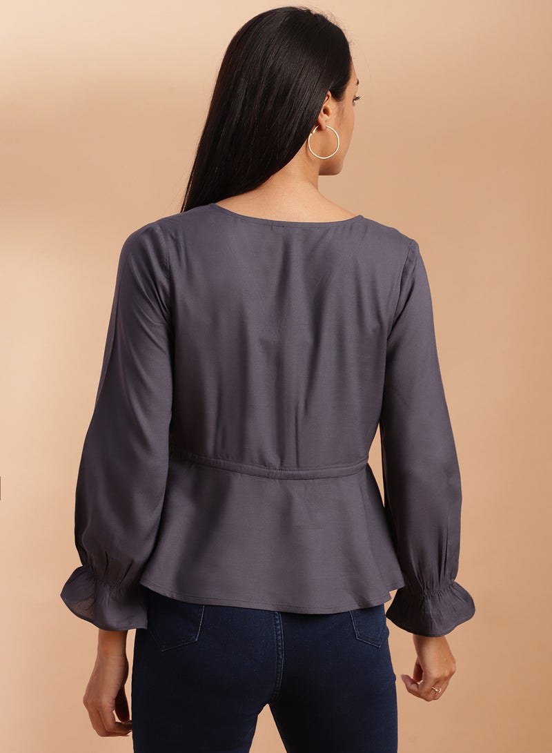 Aila V-Neck Casual Top Dark Grey  - Image 2